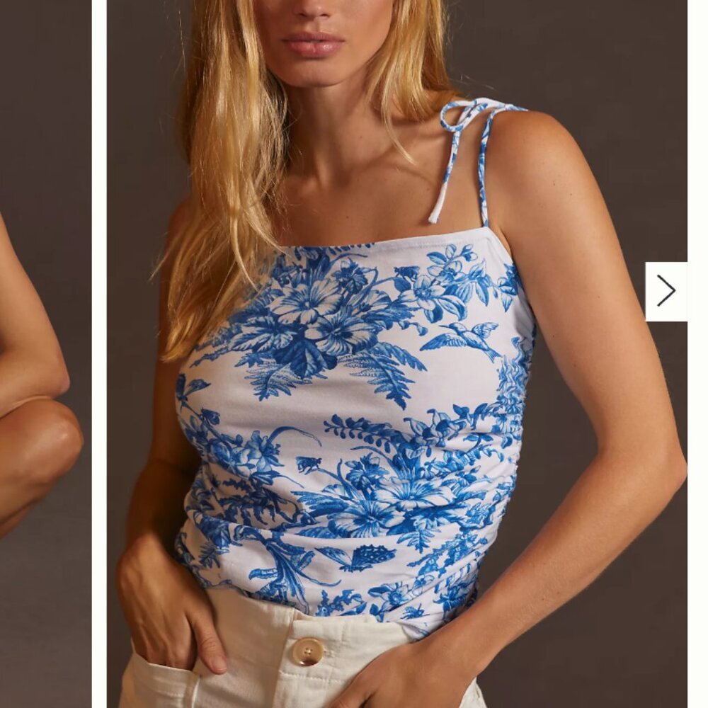 ANTHROPOLOGIE Maeve Shirred Tie Shoulder Tank Top Blue Floral Size MP